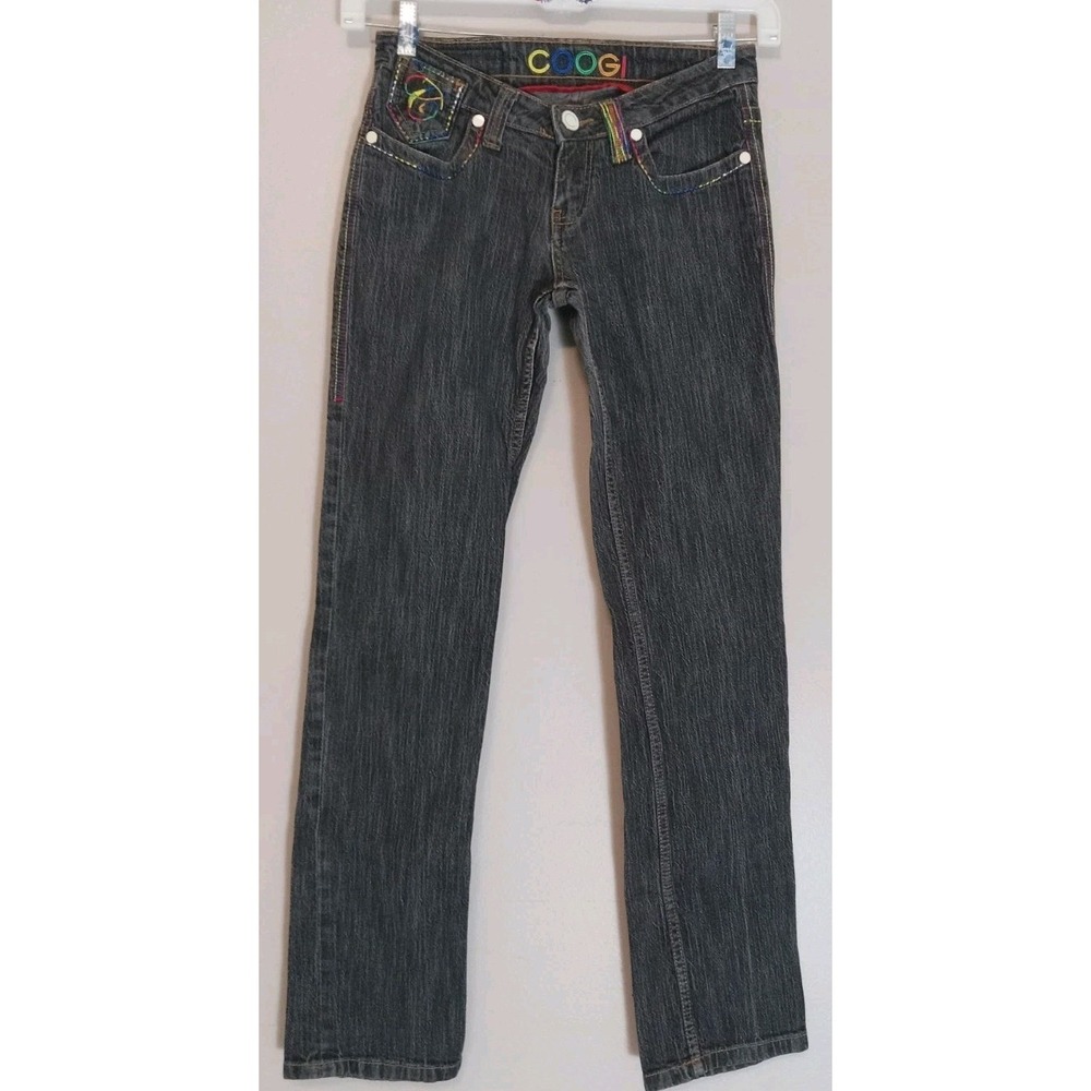 Coogi Women Junior Black Wash Low Rise Multicolor Embroidered Denim Jeans Size 7